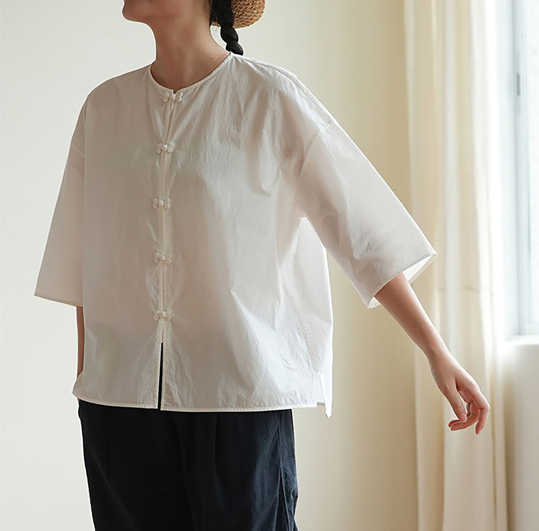 edoa 3/4 Sleeves Paper Cotton Round Neck Chinese Shirt 