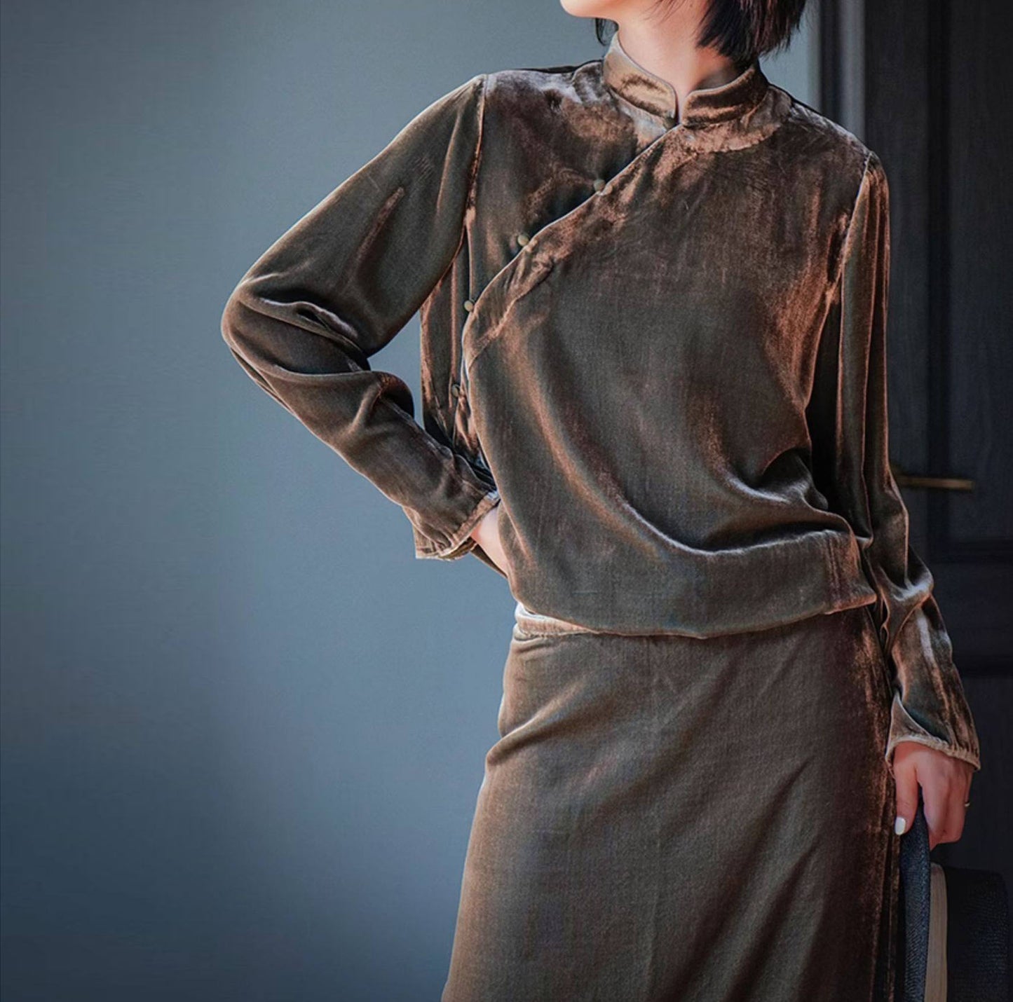 edoa Silk Velvet Chinese Blouse