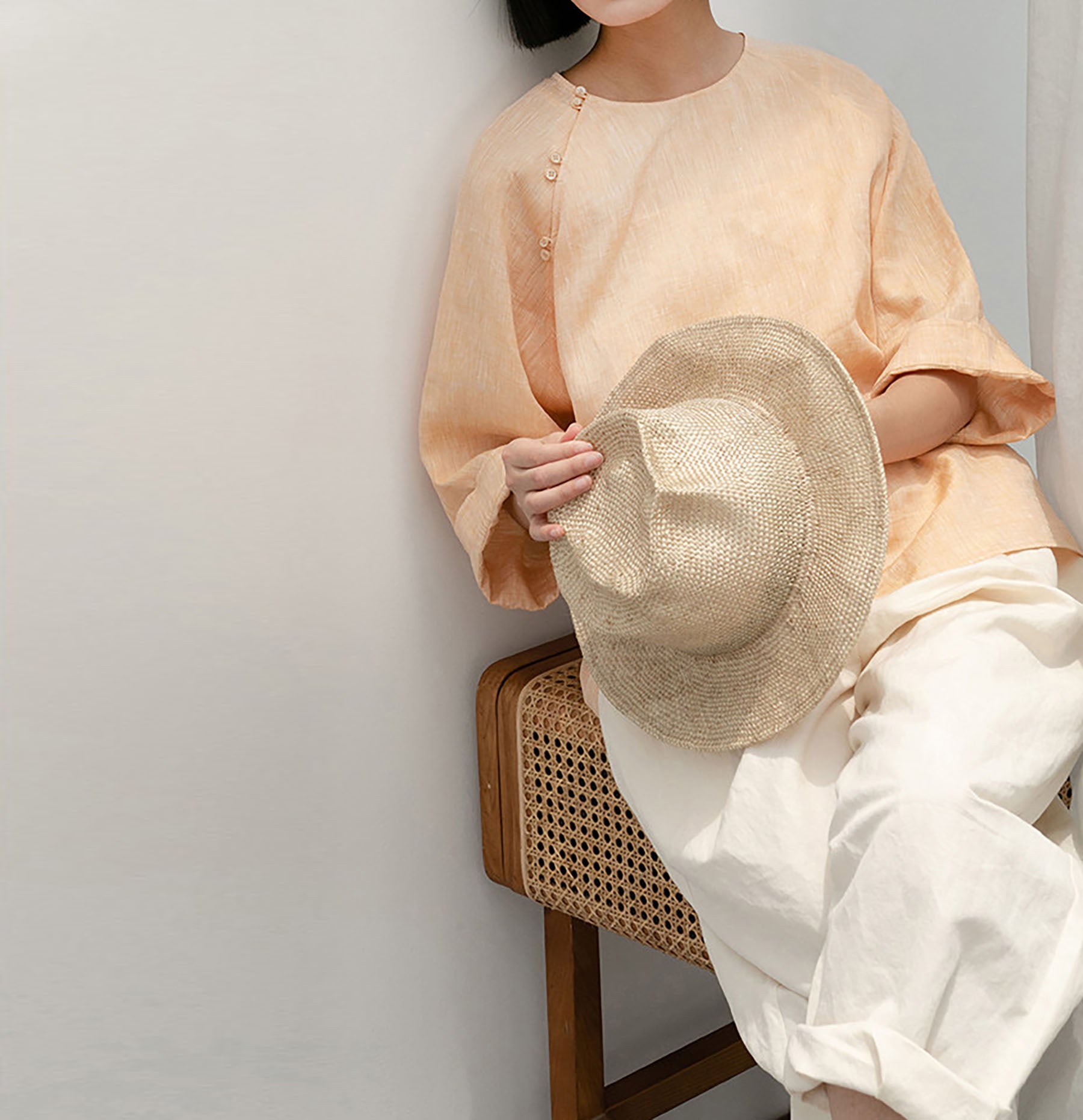edoa  Loose Fit Yarn Dyed Linen Chinese T-shirt