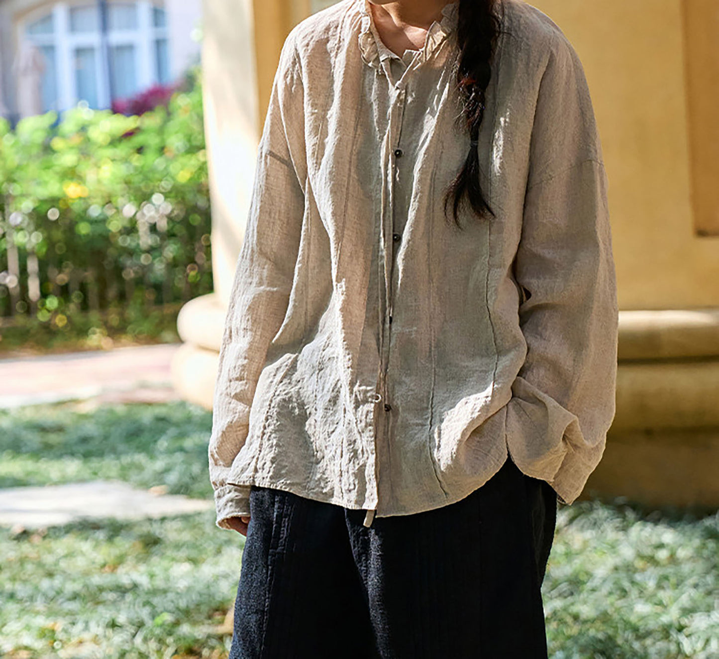edoa Flax Linen Ruffled Collar Blouse with Pintucks