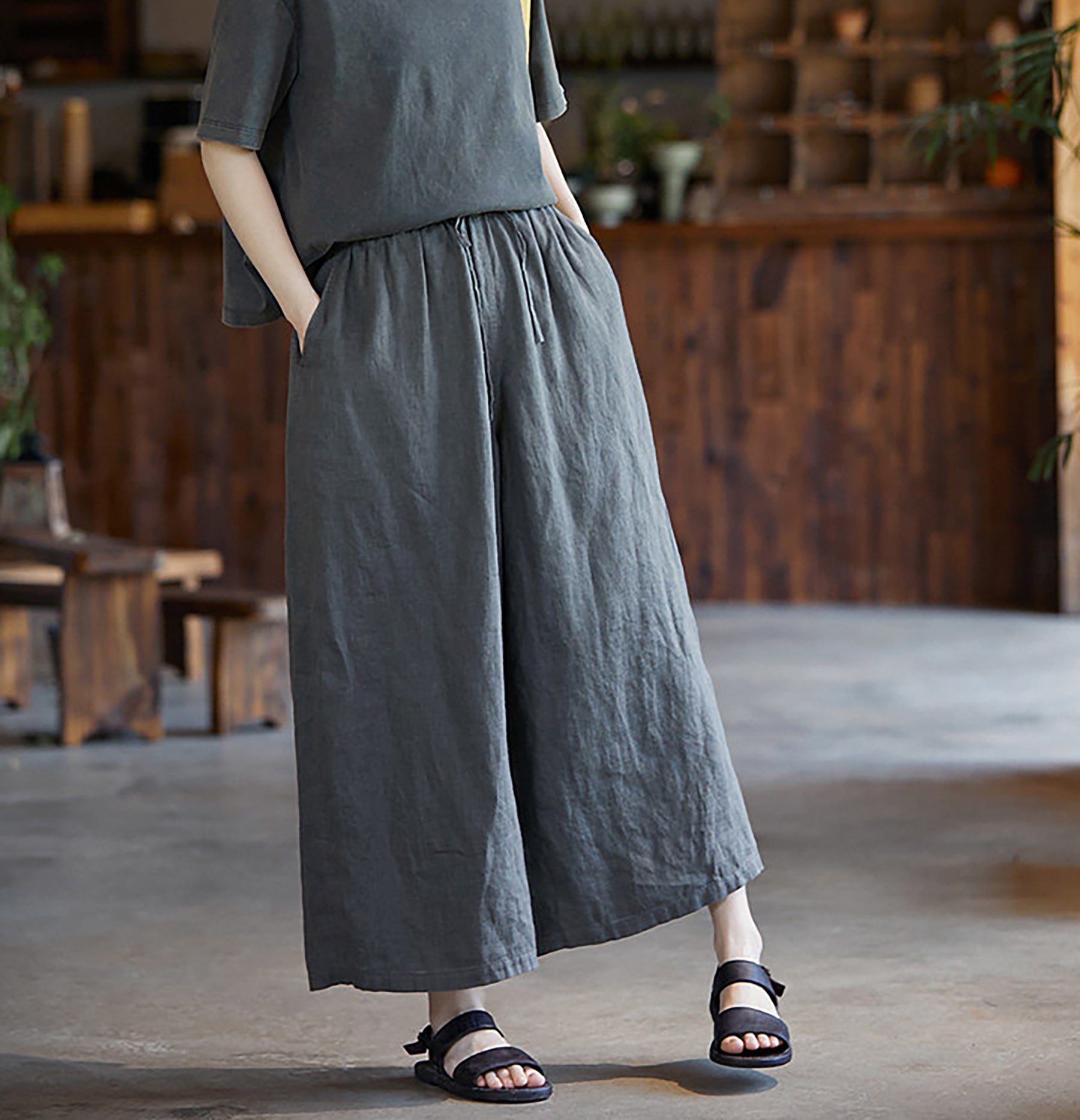edoa Gray Linen Wide Leg Pants