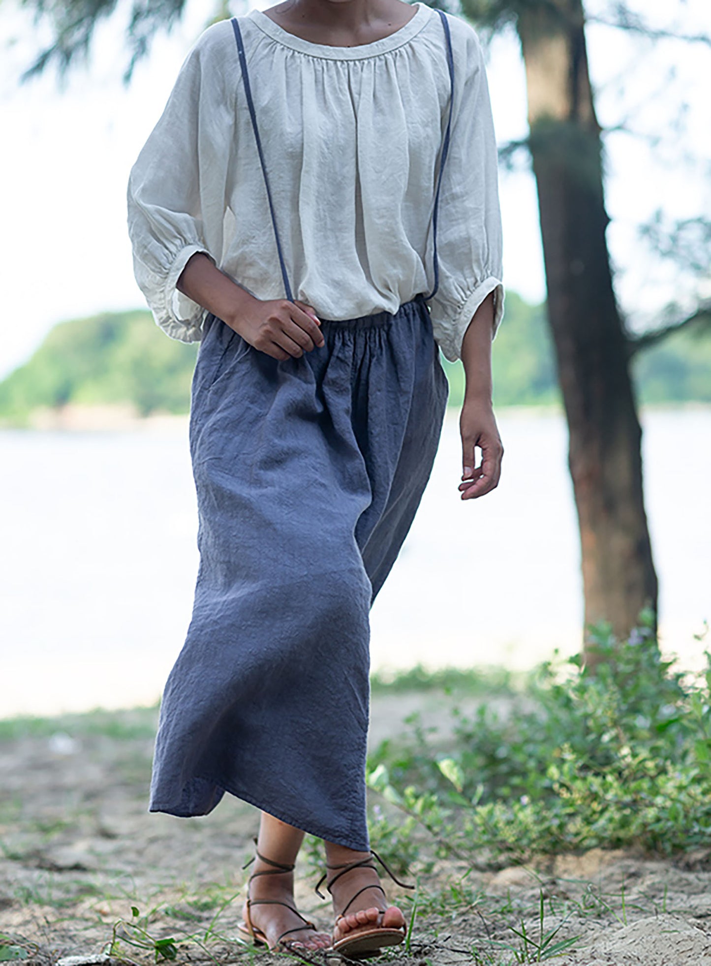 edoa Loose Fitting Linen Lantern Sleeves Gather Blouse