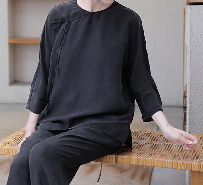 edoa Black Sand Washed Mulberry Silk Habotati Chinese Blouse