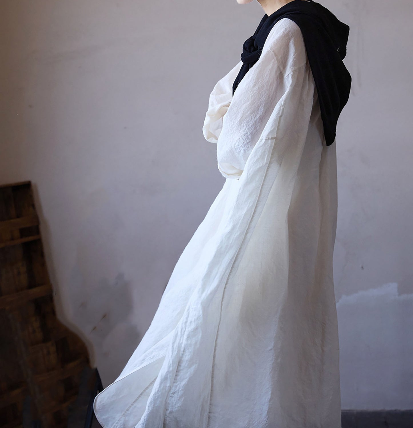edoa Oversized White Washed Ramie Lightweight Chinese Button Down Shirt Dress