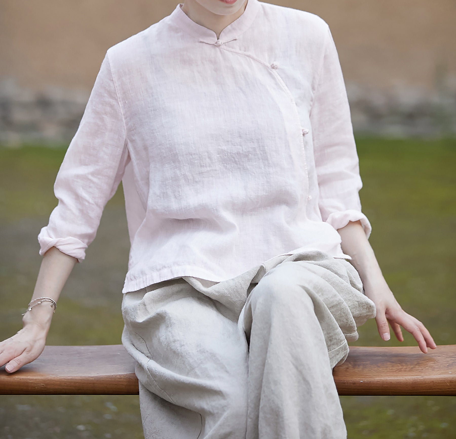 edoa Pink Linen Chinese Qipao Blouse