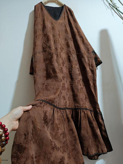 Mud Silk Linen Blend Jacquard V-neck Ruffled Hem Tunic Dress dr0402 X334