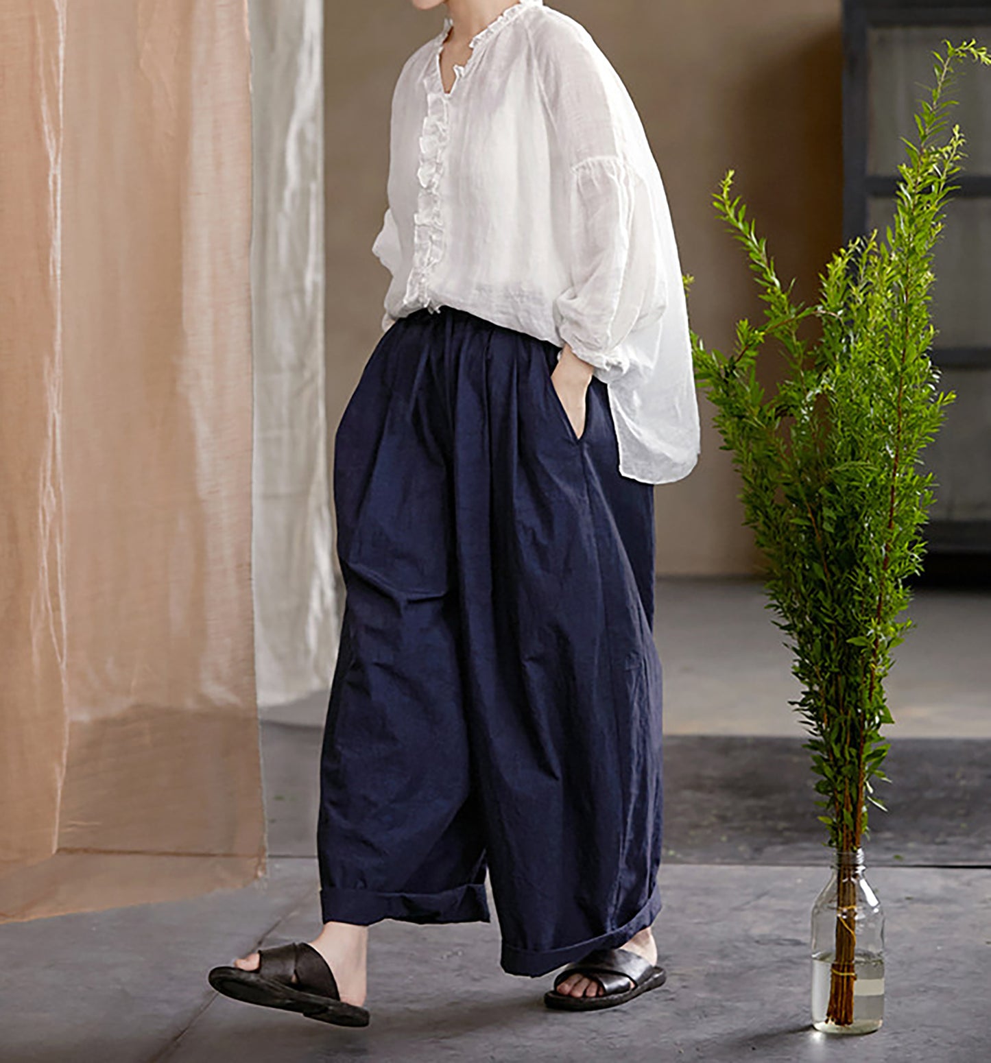 edoa Oversized High Count Hemp Ruffle Blouse