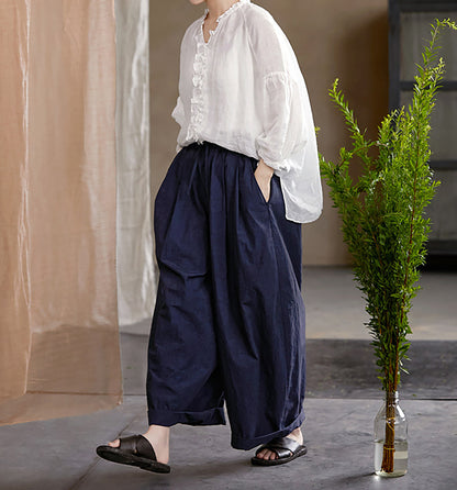 edoa Oversized High Count Hemp Ruffle Blouse
