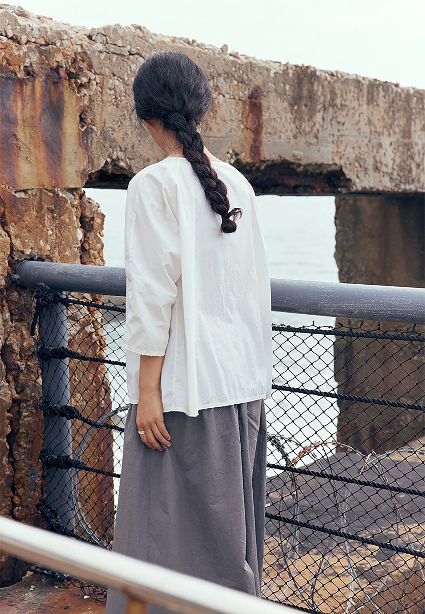 edoa White Loose Fitting Dolman Sleeves  Cotton Pullover Shirt