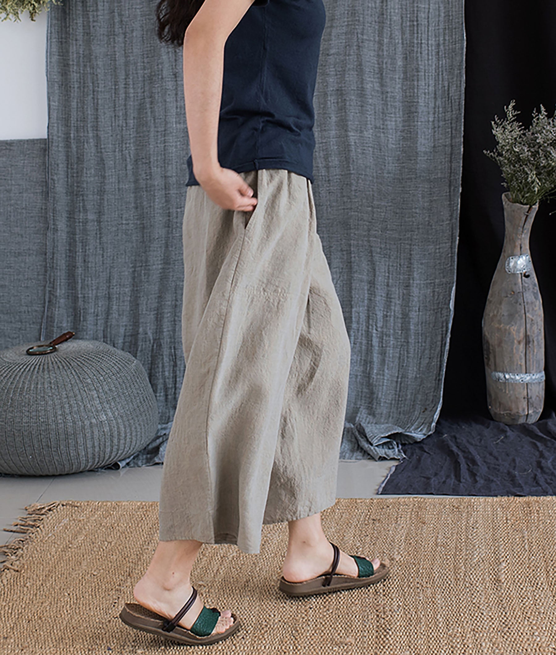 edoa Yarn Dyed French Linen Wide Pants