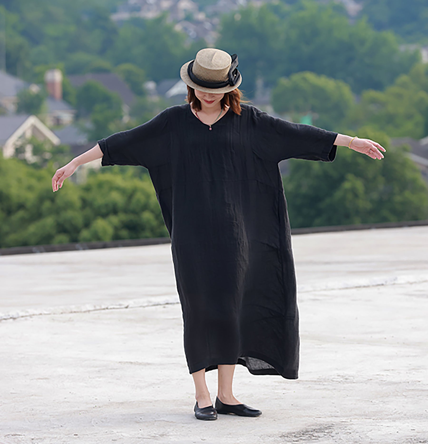 edoa Oversized Hand Pintucked Linen Ankle-length Dress