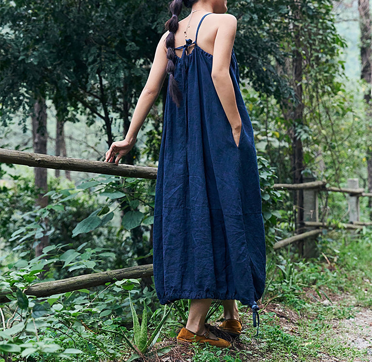 edoa Indigo Blue Linen Cocoon Shape Overall Dress