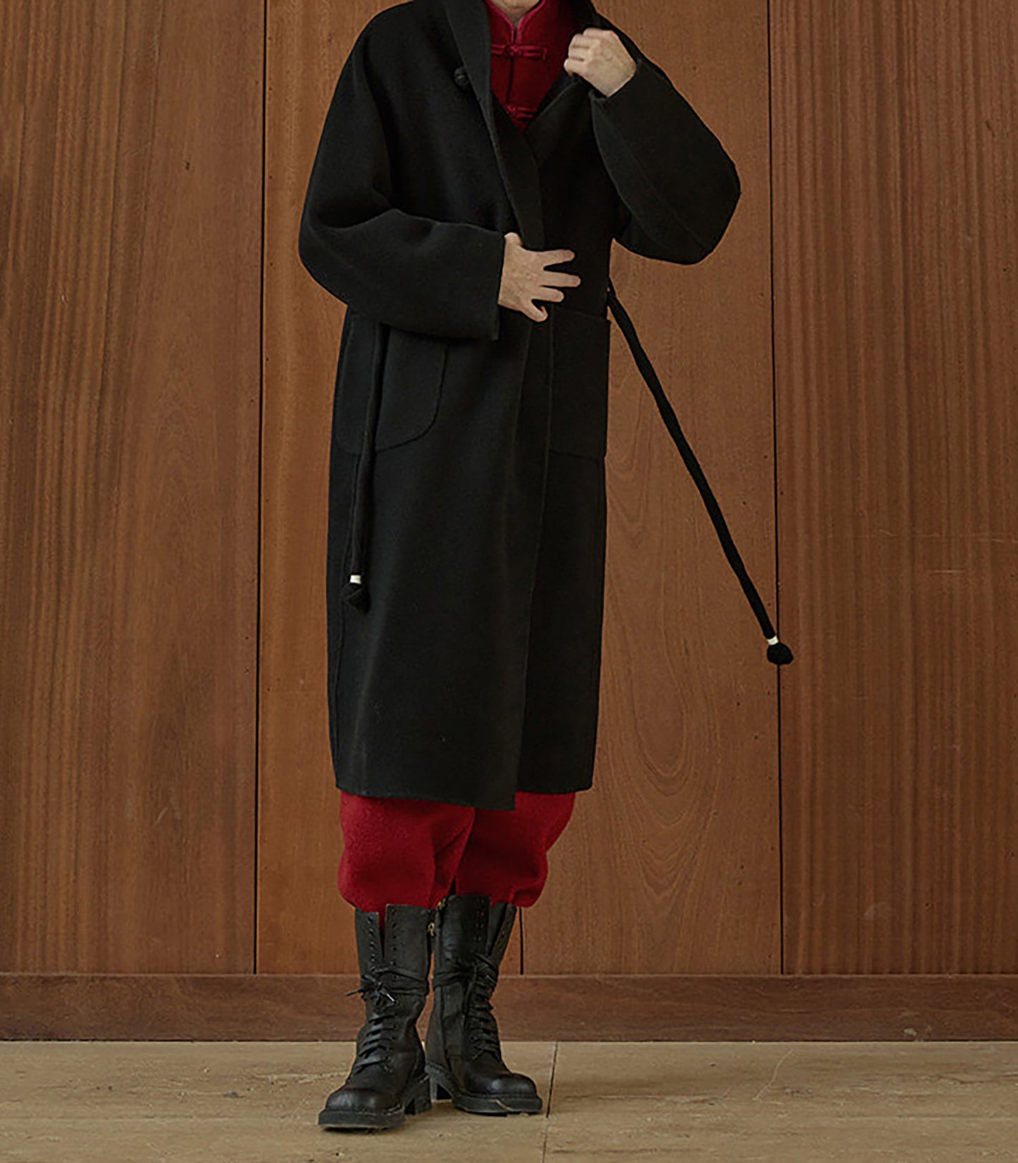 edoa New Chinese Style Double-faced Wool Long Coat