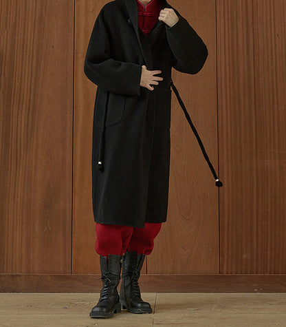 edoa New Chinese Style Double-faced Wool Long Coat