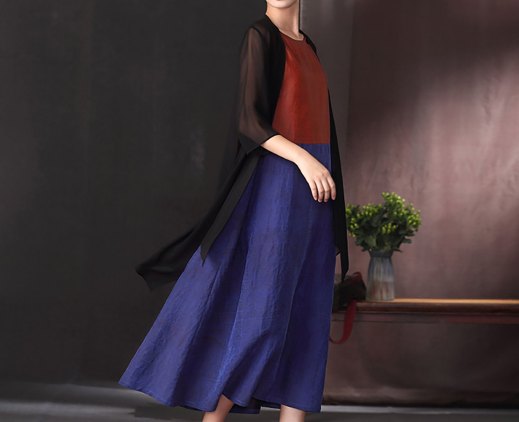 edoa Cracked Mud Silk Color Block Sleeveless Dress