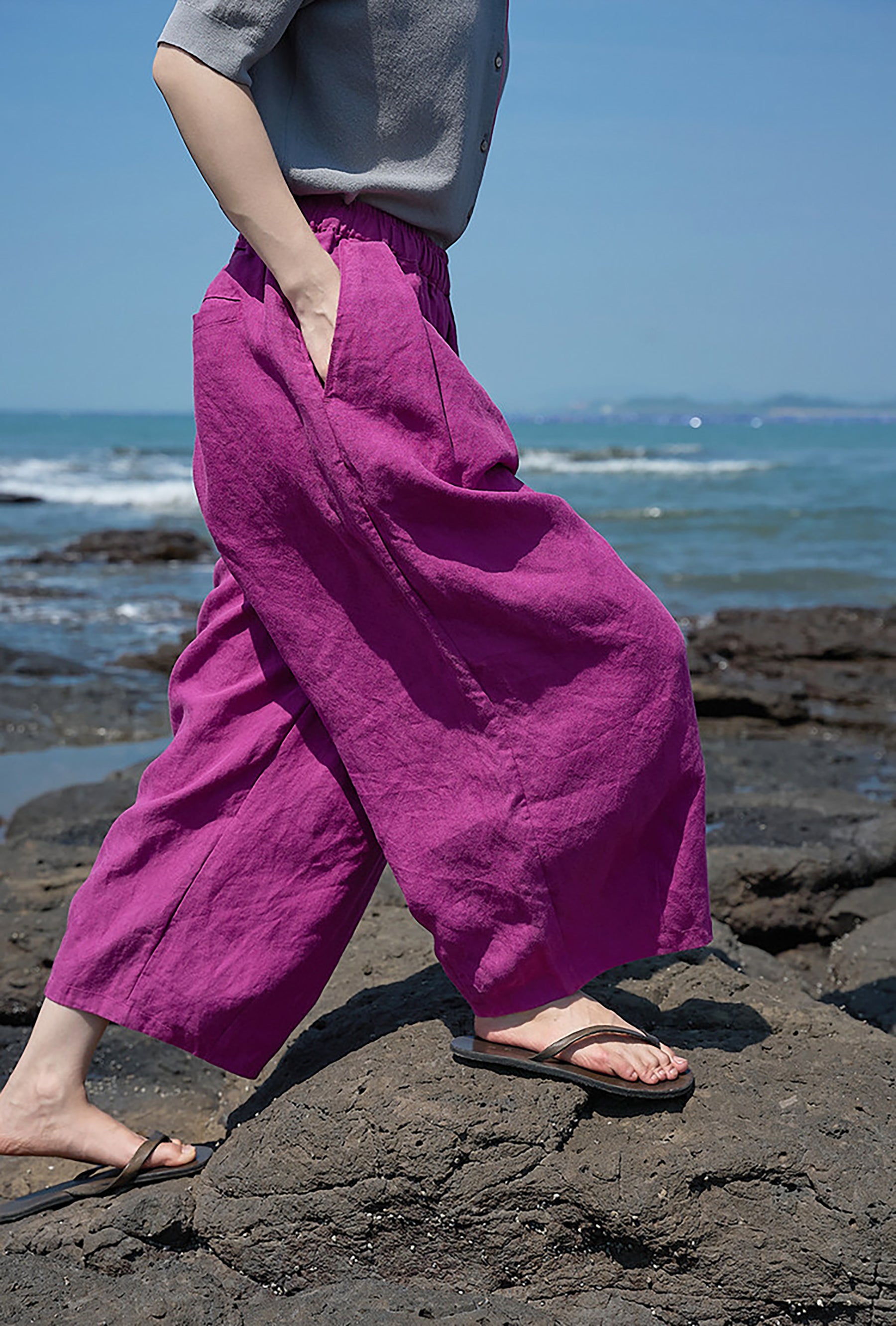 edoa Elasticated Washed Ramie Crop Pants