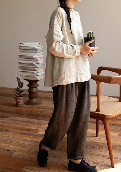 edoa Loose Fit Linen Long Sleeve Pullover Shirt 