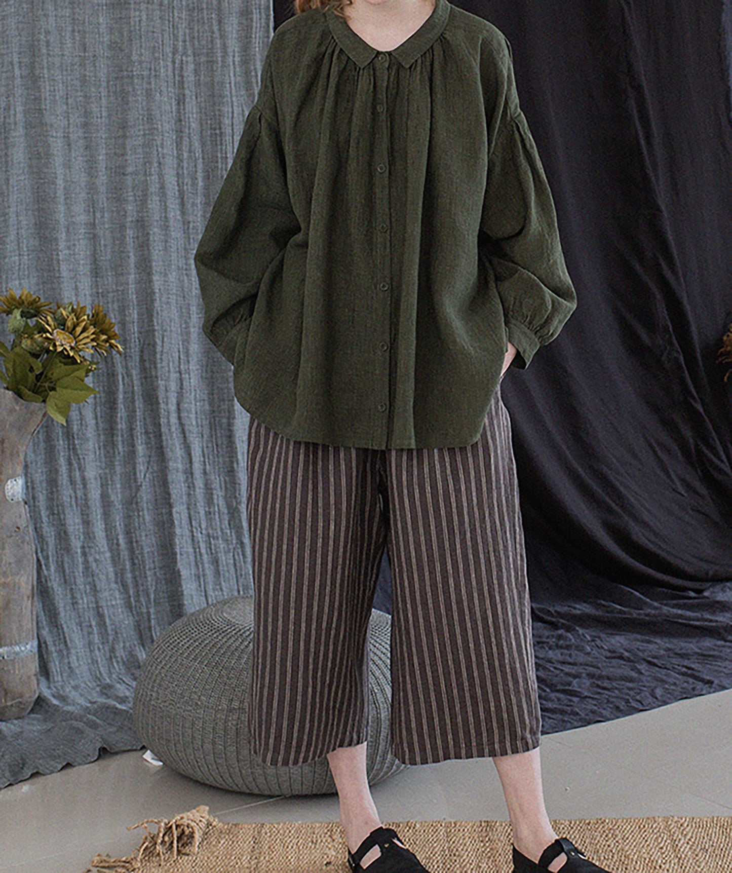 edoa Forest Green Linen Peter Pan Collar Babydoll Shirt