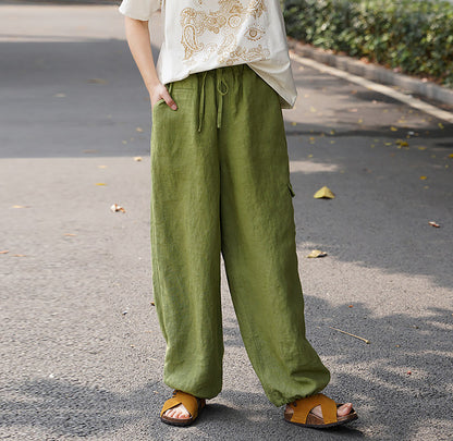 edoa Green Linen Elasticated Drawstring Waist Wide-leg Work Pants