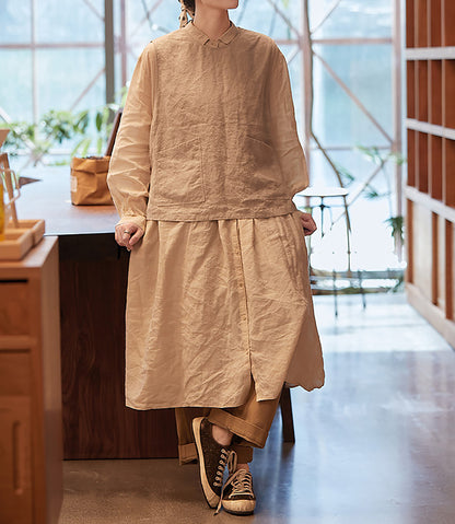 edoa Loose Flax Linen Two-piece Pullover Tie Vest
