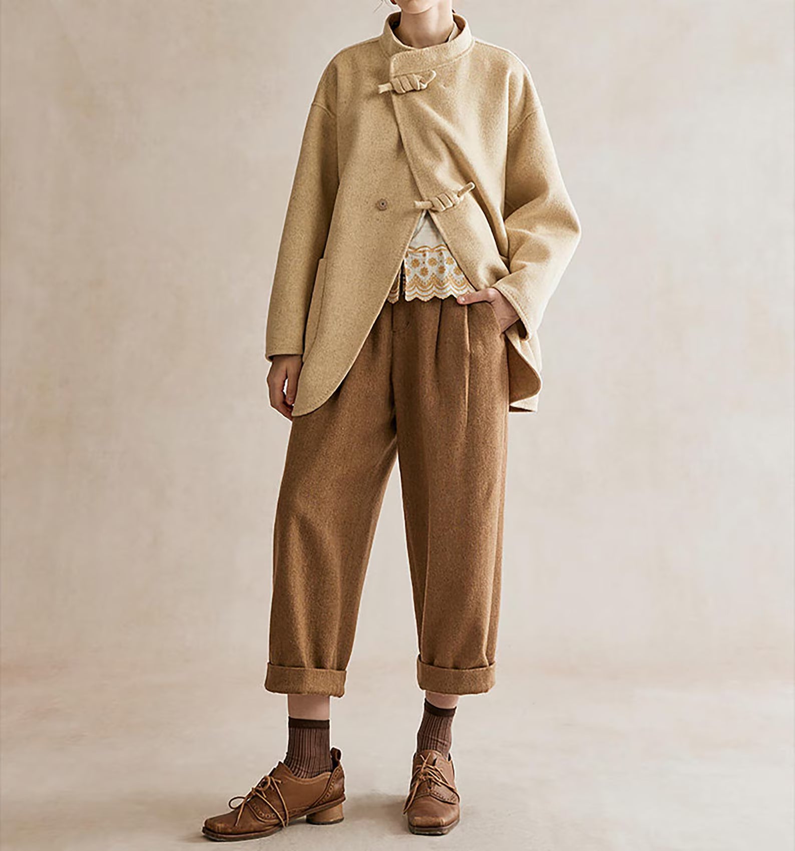 edoa New Chinese Style Double-faced Wool Coat