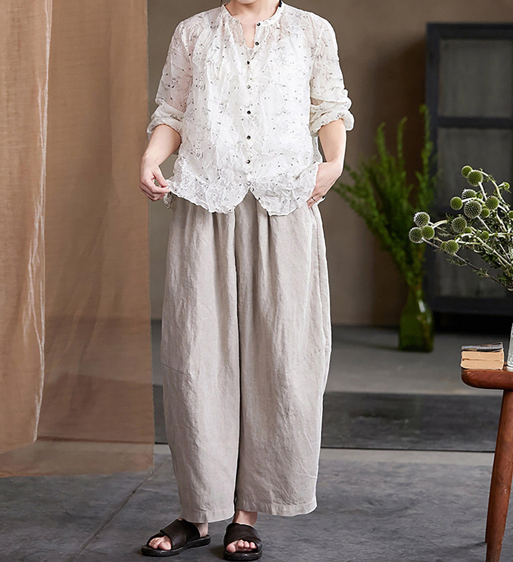 edoa Eco-friendly Flax Linen Tapered Pants