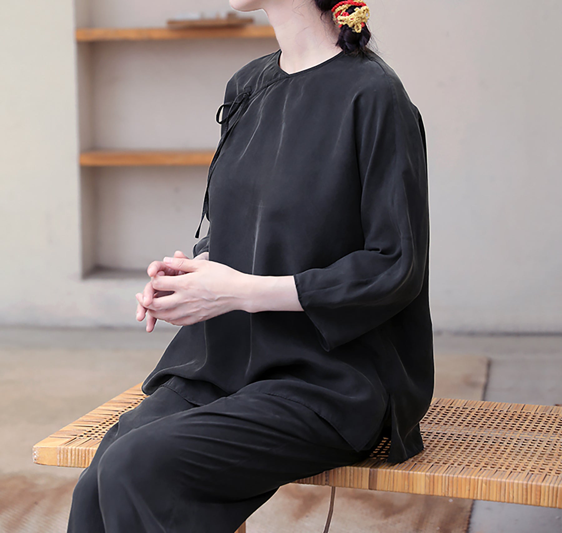 edoa Black Sand Washed Mulberry Silk Habotati Chinese Blouse