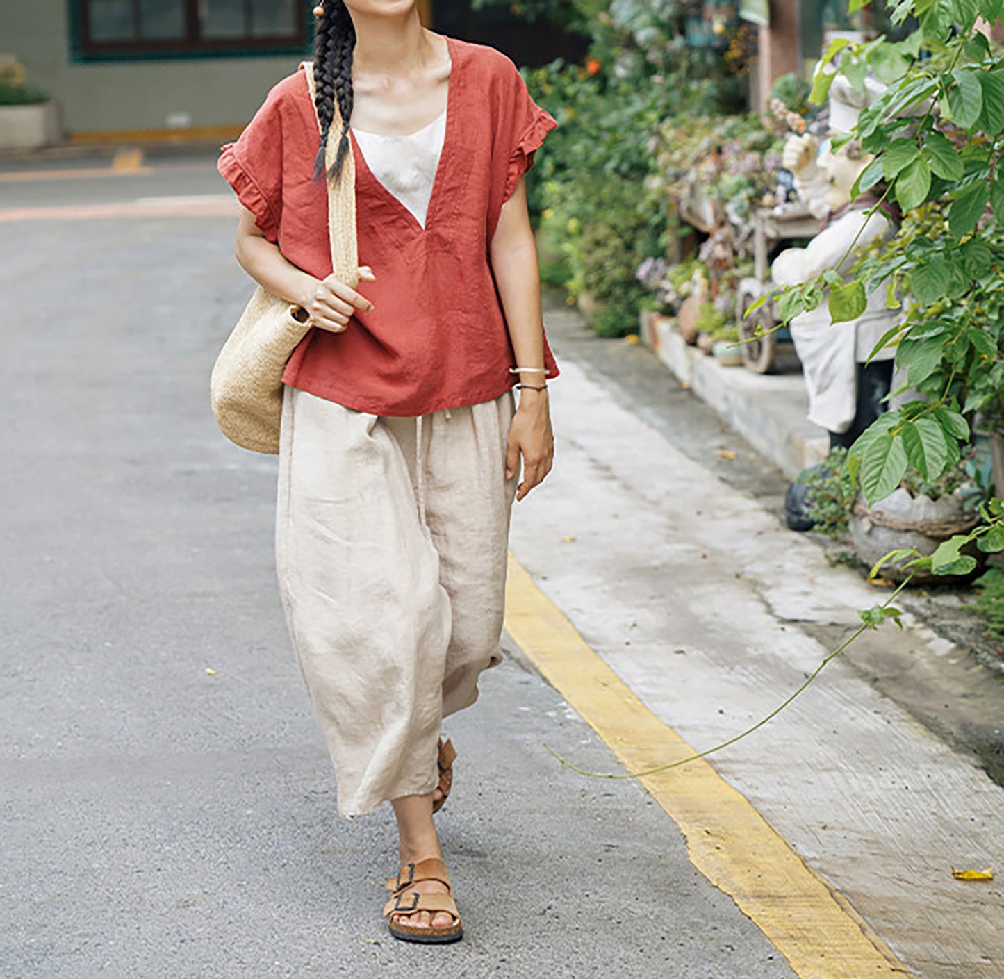 edoa Deep V-neck Washed Linen Pullover Top with Ruffled Sleeves