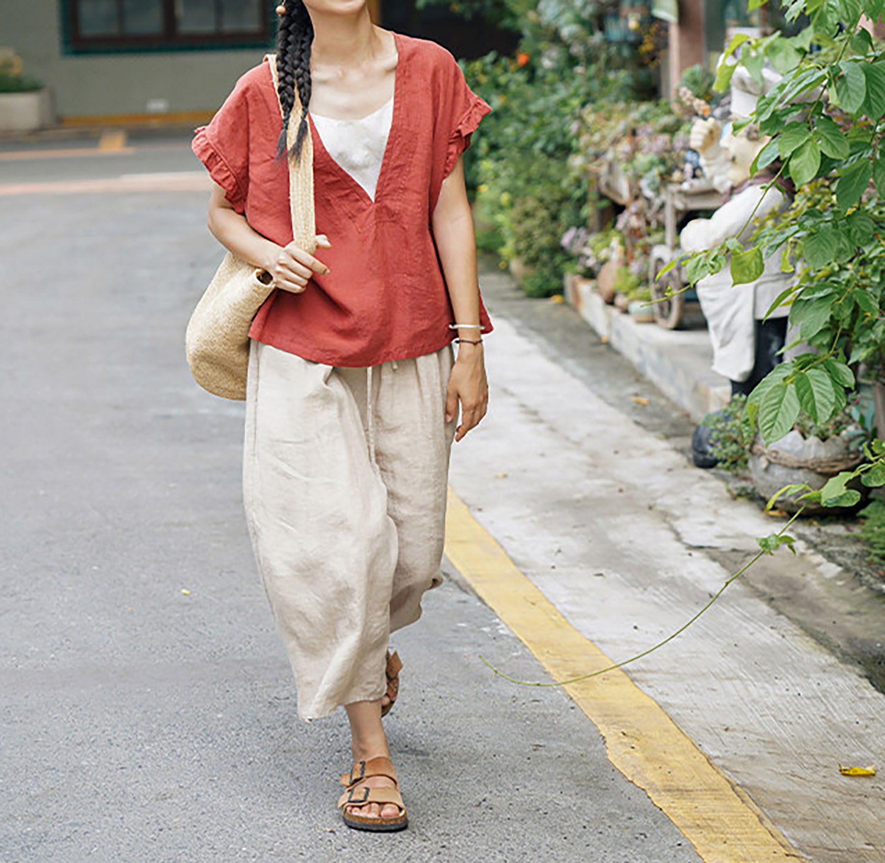 edoa Deep V-neck Washed Linen Pullover Top with Ruffled Sleeves
