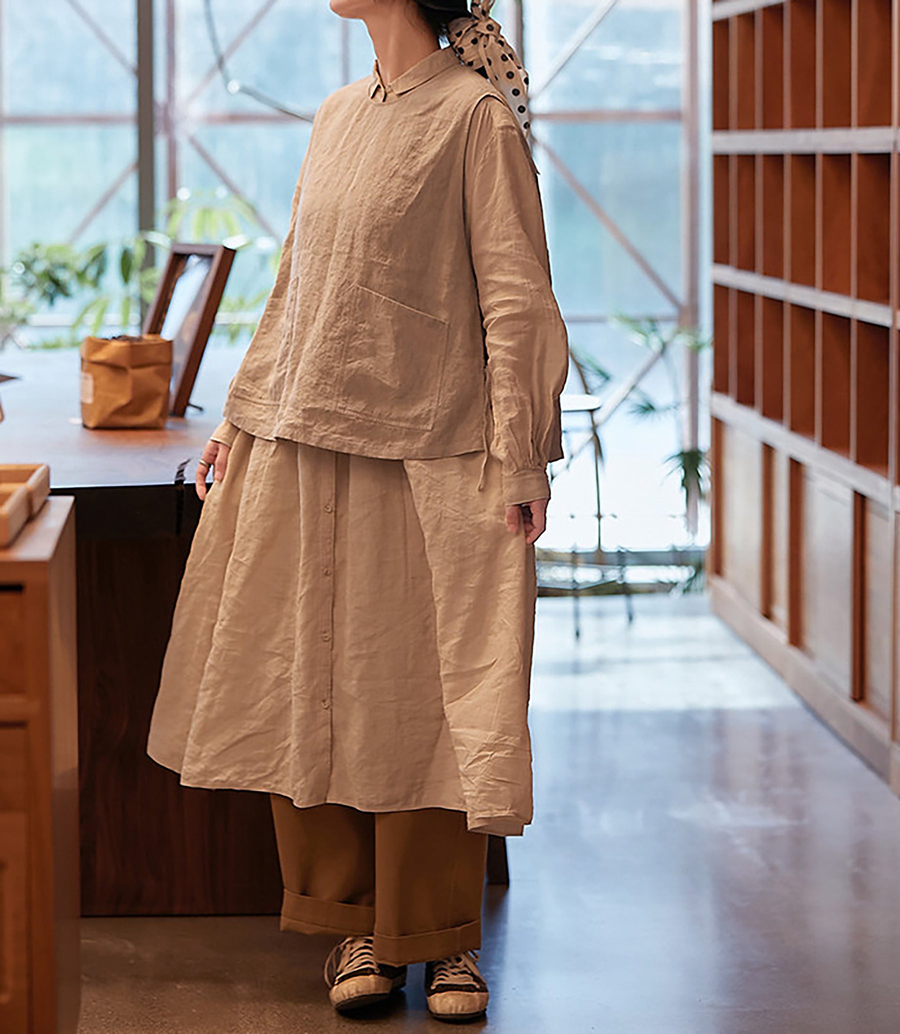 edoa Loose Flax Linen Two-piece Pullover Tie Vest