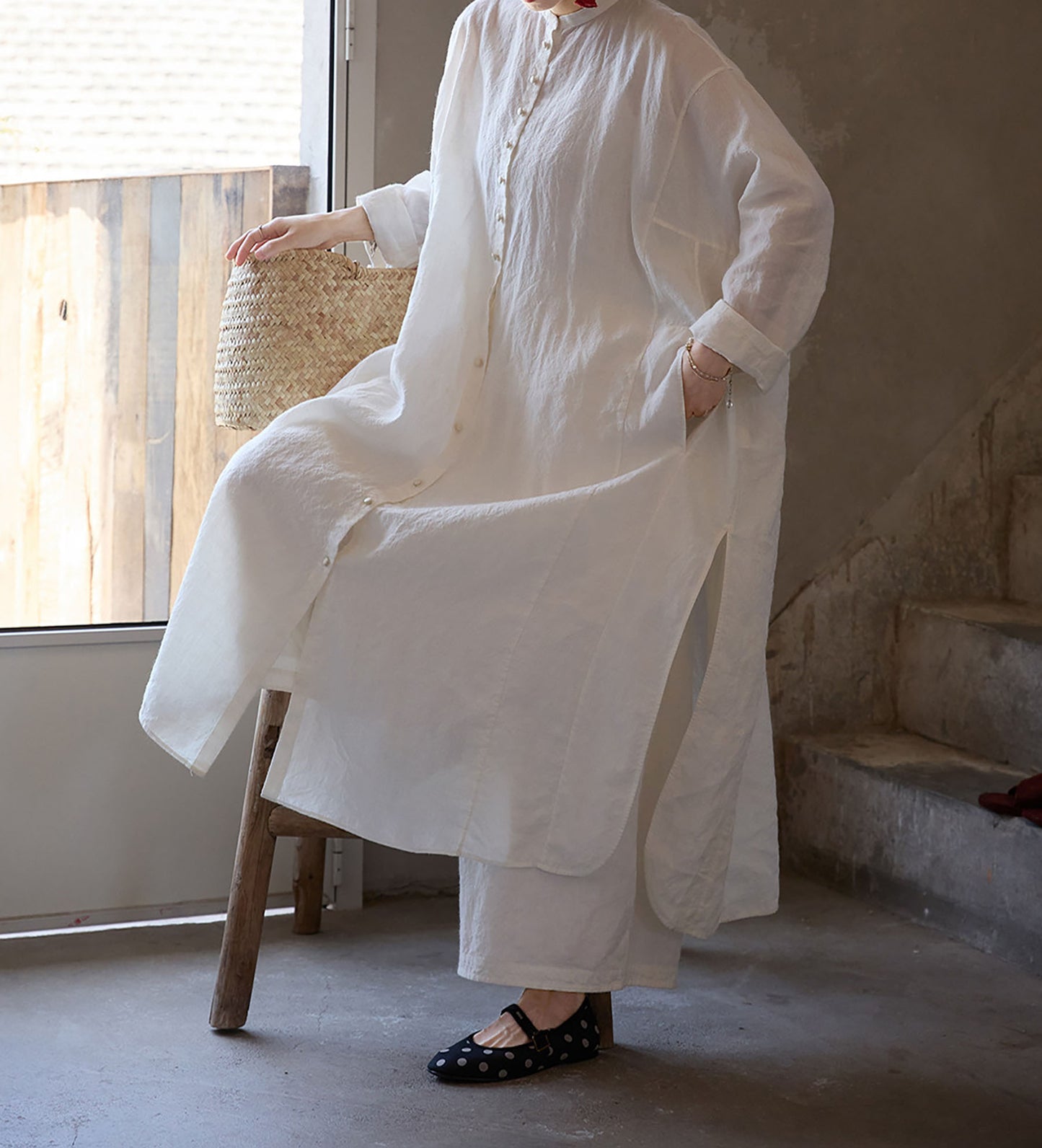 edoa Oversized White Washed Ramie Lightweight Chinese Button Down Shirt Dress