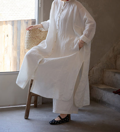edoa Oversized White Washed Ramie Lightweight Chinese Button Down Shirt Dress