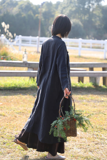 edoa Loose Black Linen Wrap Qipao Dress