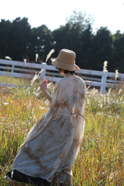 edoa Low Gathered Waist Oversized Linen Rayon Blend Dress