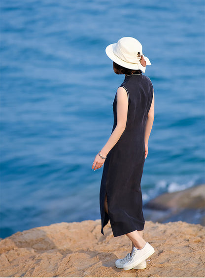 edoa Cracked Mud Silk Sleeveless Qipao Dress