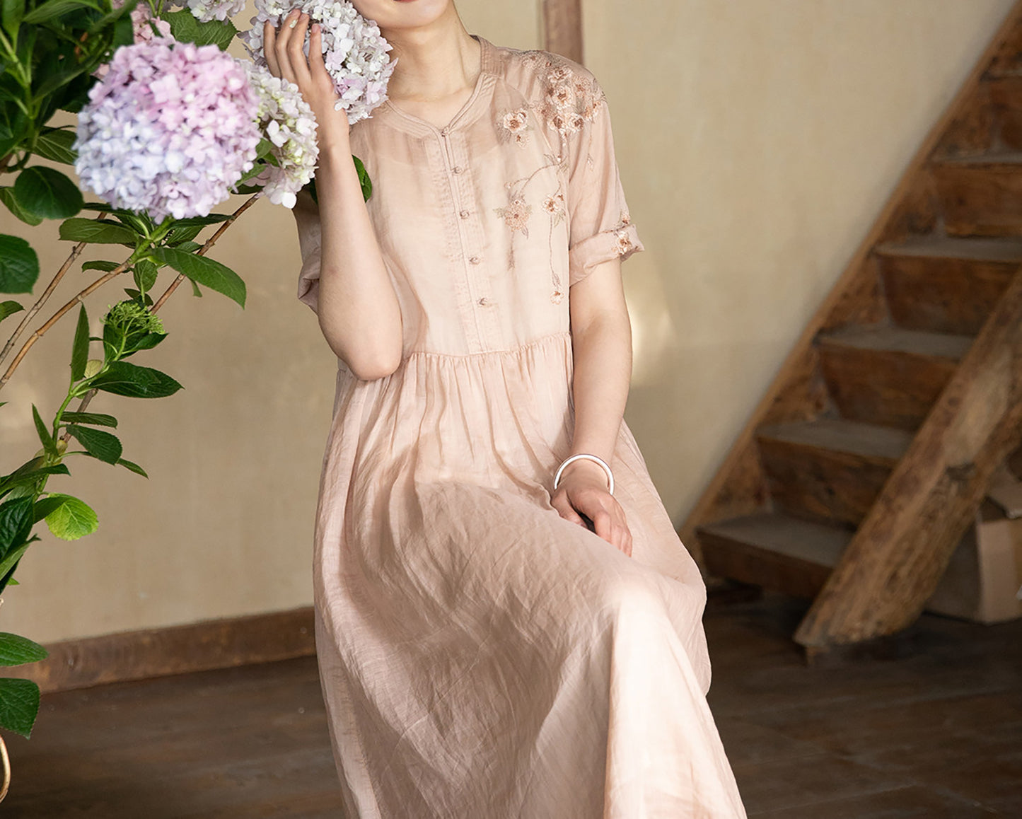 edoa Ramie Chinese Dress with Hand Embroidery