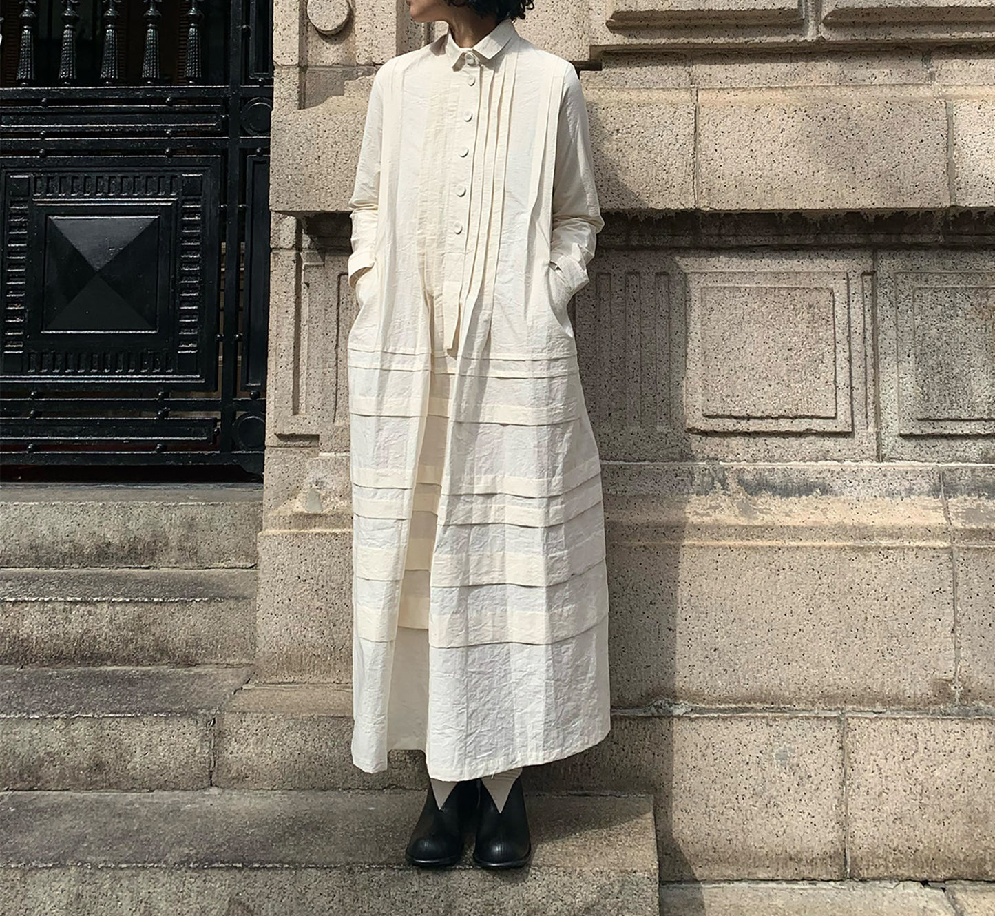 edoa Paper Cotton Pintuck Pleated Medieval Shirt Dress