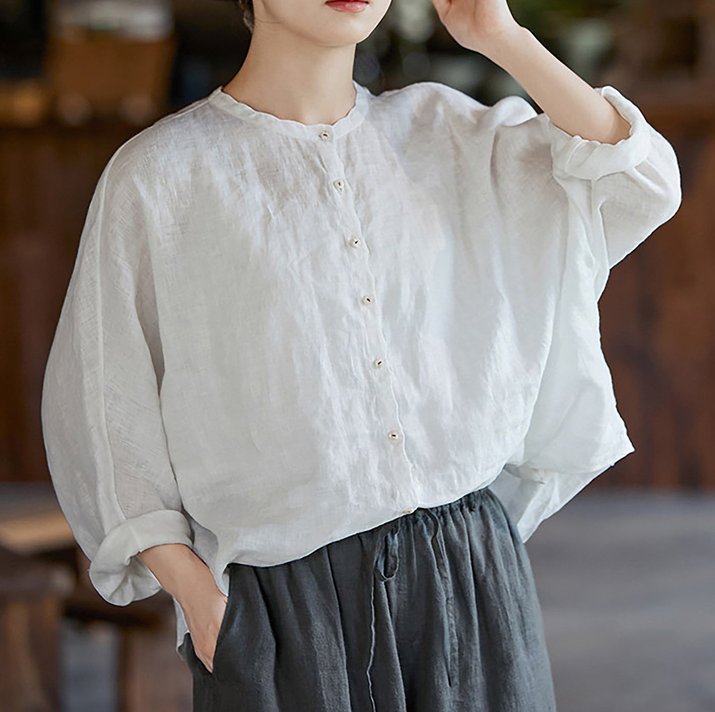 edoa Free Size Loose White Linen Petal Blouse 