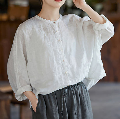 edoa Free Size Loose White Linen Petal Blouse 