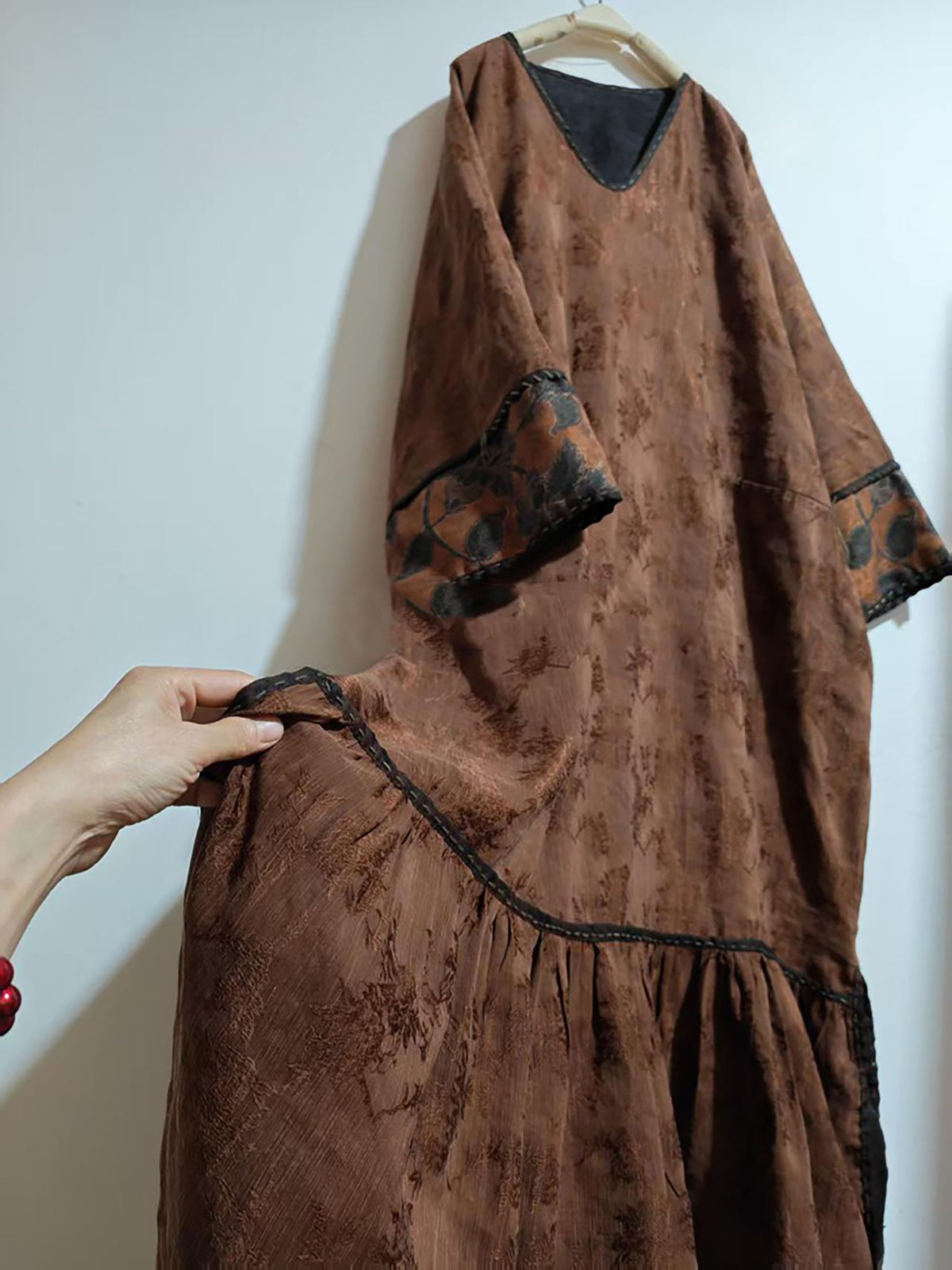 Mud Silk Linen Blend Jacquard V-neck Ruffled Hem Tunic Dress dr0402 X334