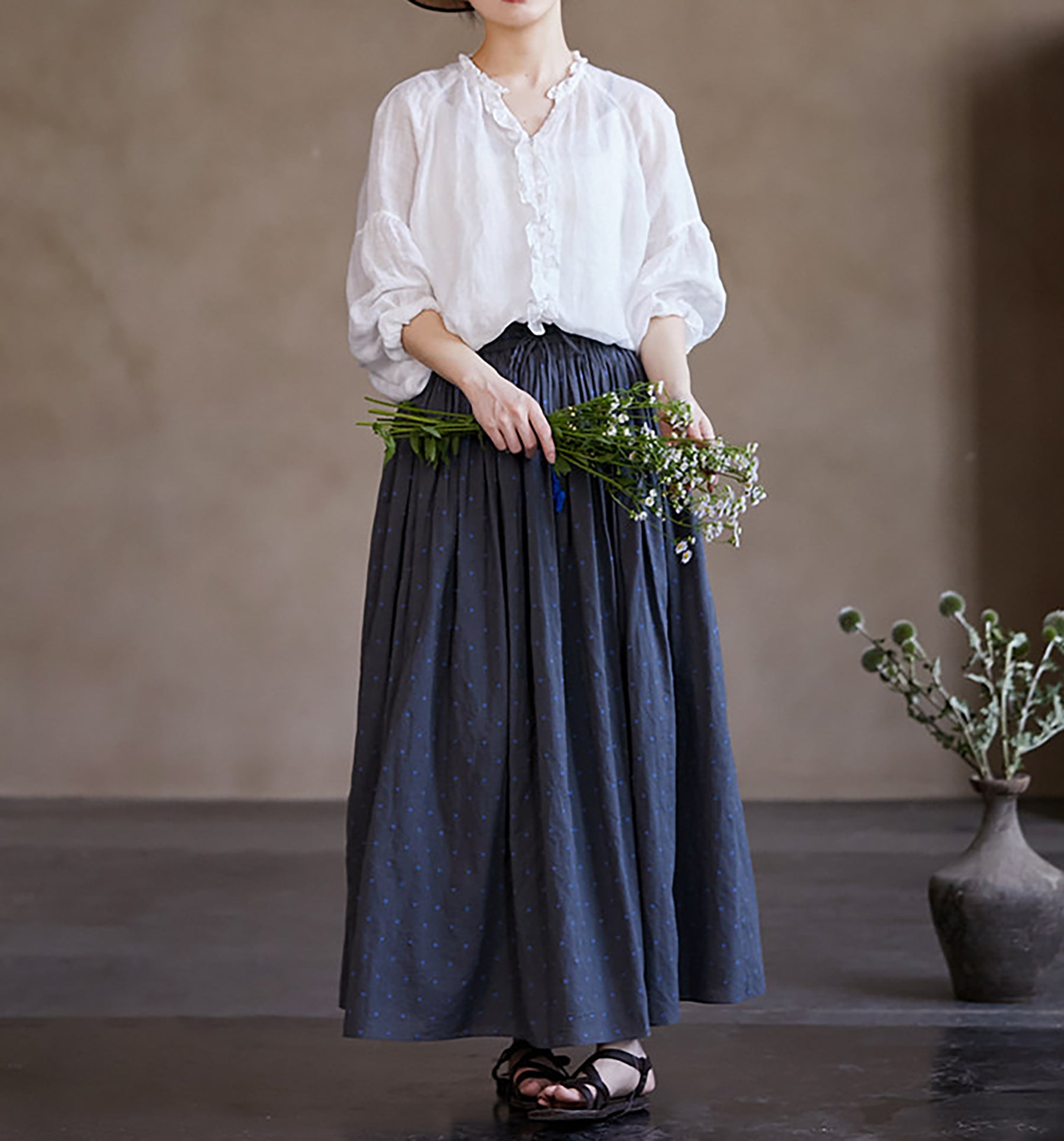 edoa Oversized High Count Hemp Ruffle Blouse