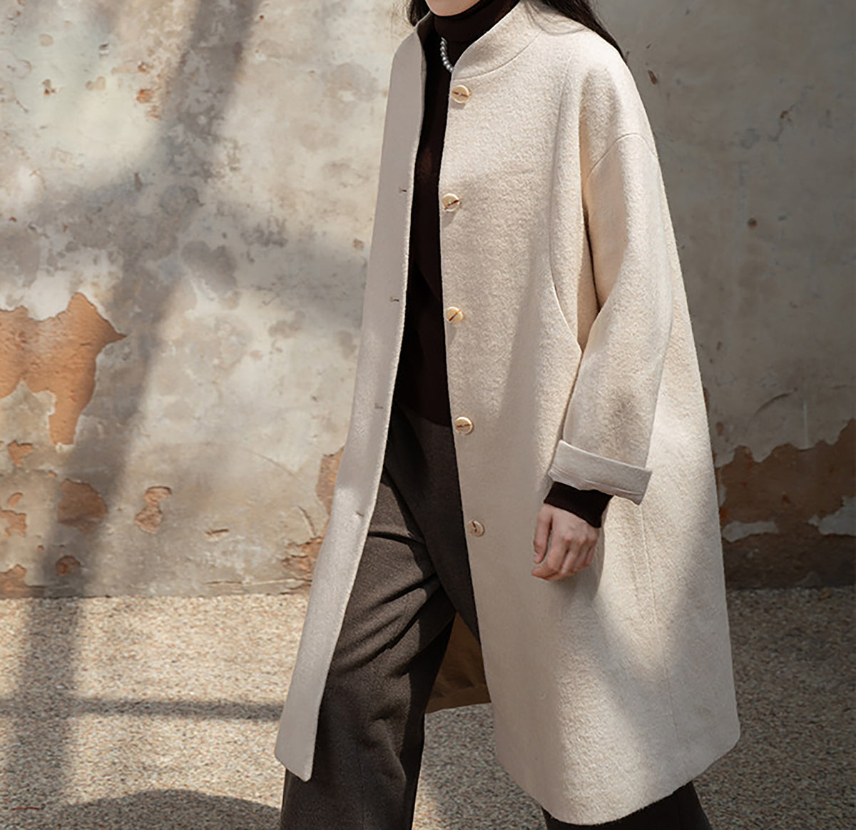 edoa White Winter Boiled Wool Chinese Coat
