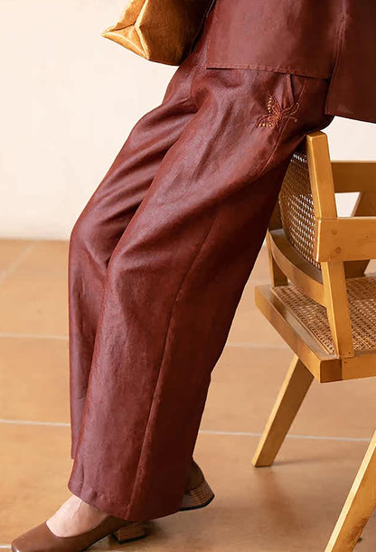 edoa Cracked Mud Silk Habotai Pants with Hand Embroidery of Butterfly