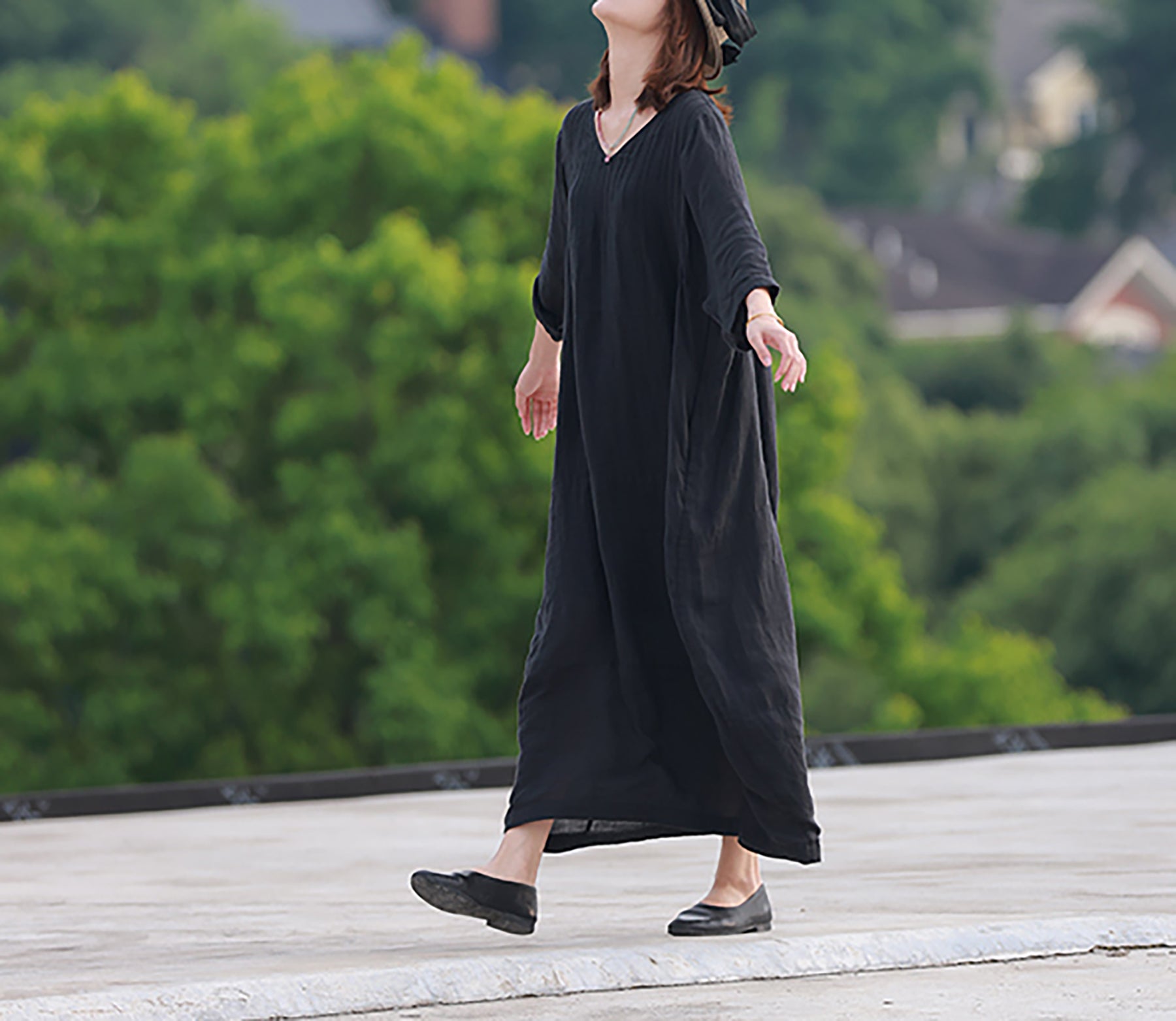 edoa Oversized Hand Pintucked Linen Ankle-length Dress