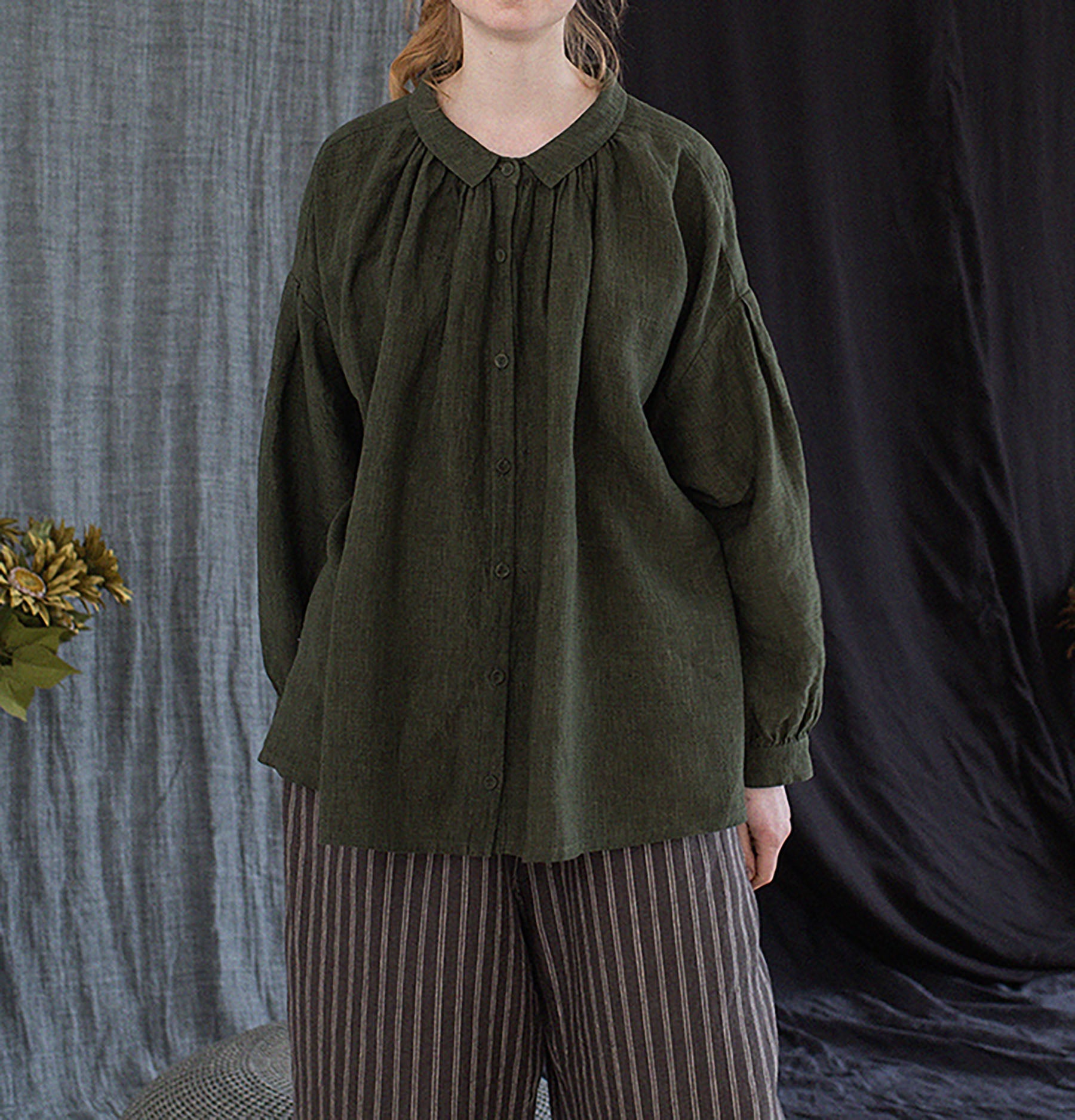 edoa Forest Green Linen Peter Pan Collar Babydoll Shirt