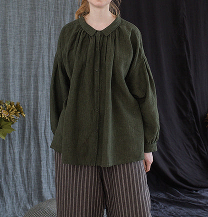 edoa Forest Green Linen Peter Pan Collar Babydoll Shirt