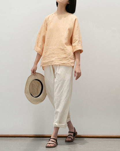 edoa  Loose Fit Yarn Dyed Linen Chinese T-shirt
