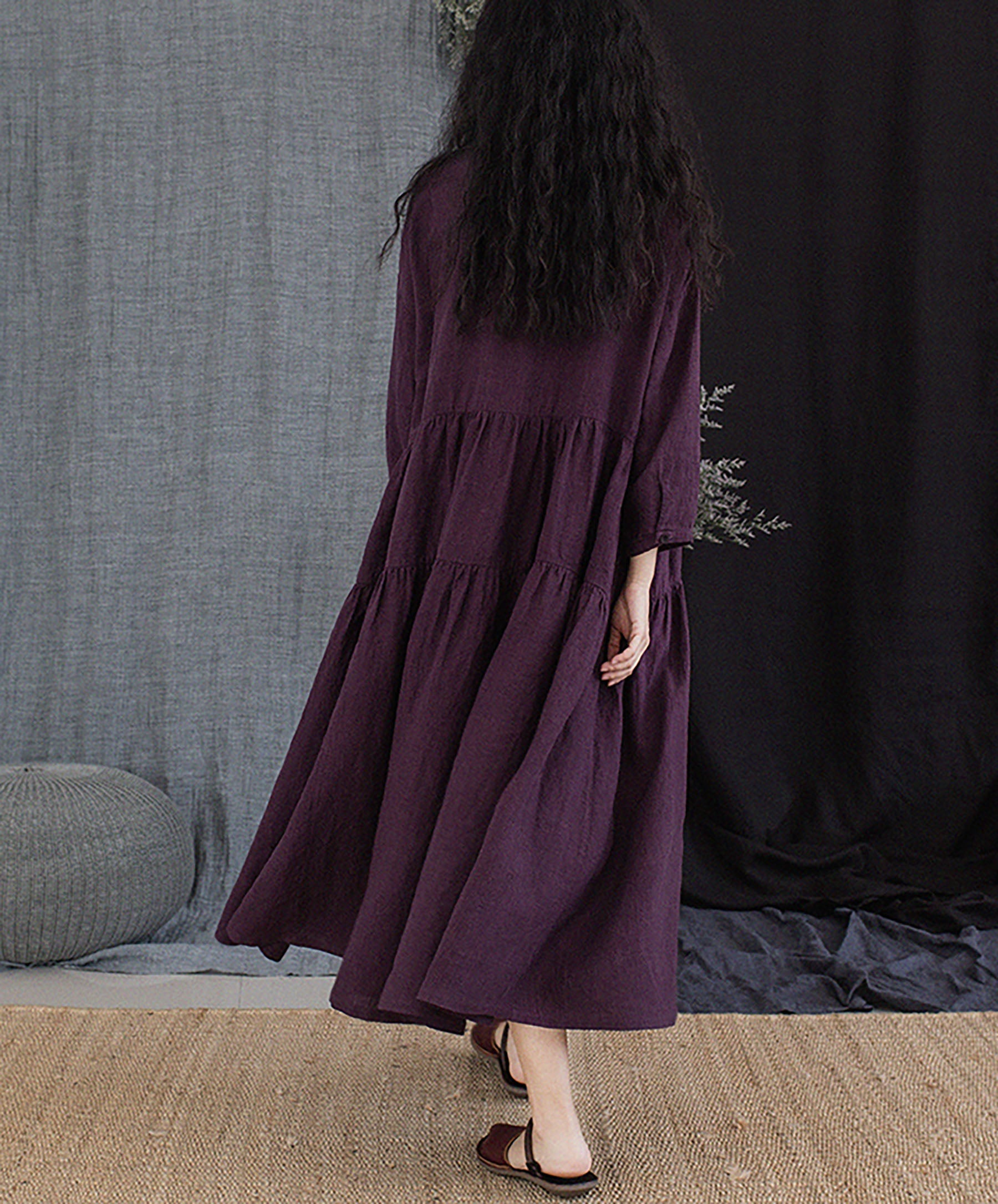 edoa Grape Purple Linen Peter Pan Collar Tiered Dress