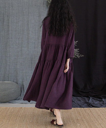 edoa Grape Purple Linen Peter Pan Collar Tiered Dress