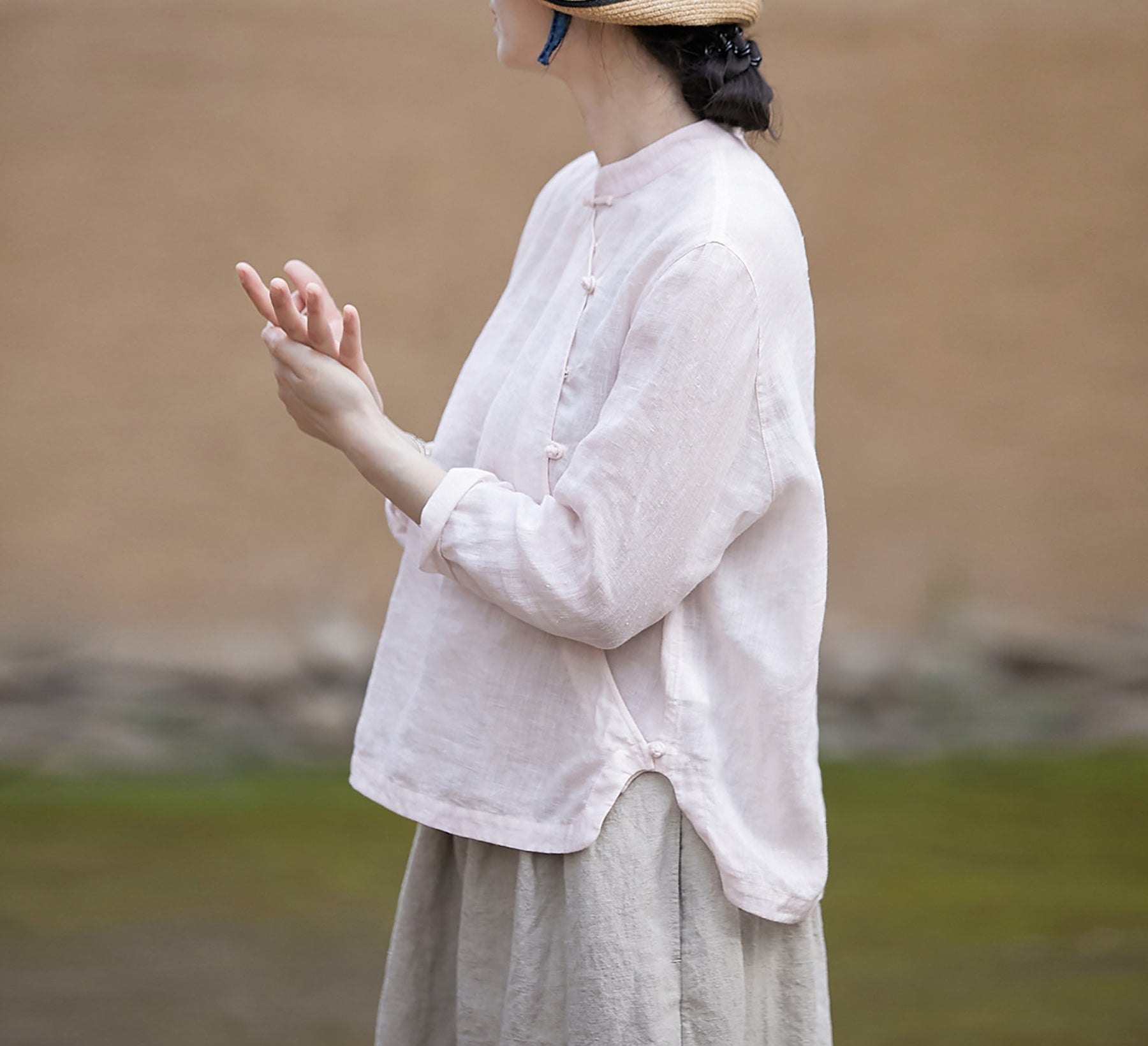 edoa Pink Linen Chinese Qipao Blouse